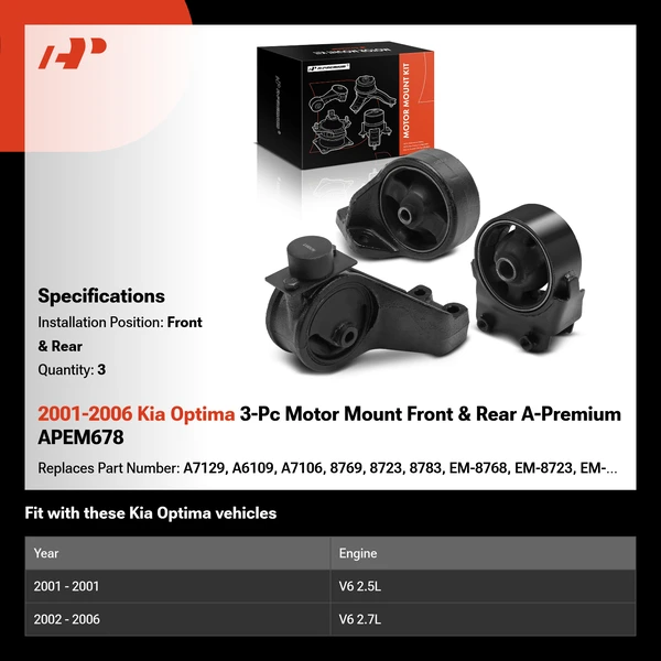 2001-2006 Kia Optima 3-Pc Motor Mount Front & Rear A-Premium APEM678