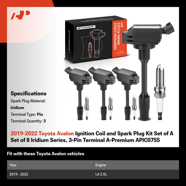 2019-2022 Toyota Avalon Ignition Coil and Spark Plug Kit Set of A Set of 8 Iridium Series, 3-Pin Terminal A-Premium APIC0755