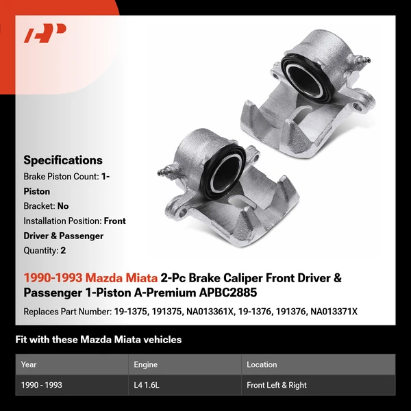 1990-1993 Mazda Miata 2-Pc Brake Caliper Front Driver & Passenger 1-Piston A-Premium APBC2885