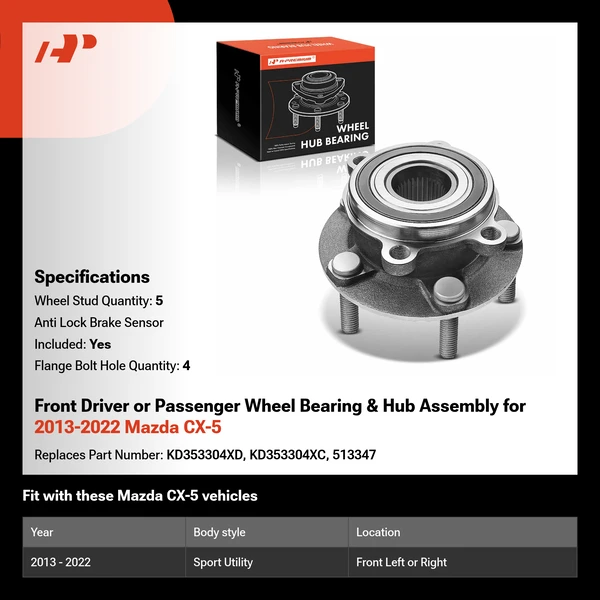 Front Driver or Passenger Wheel Bearing & Hub Assembly for 2013-2022 Mazda CX-5