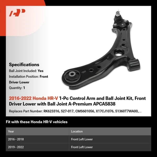 2016-2022 Honda HR-V 1-Pc Control Arm and Ball Joint Kit, Front Driver Lower with Ball Joint A-Premium APCA5838
