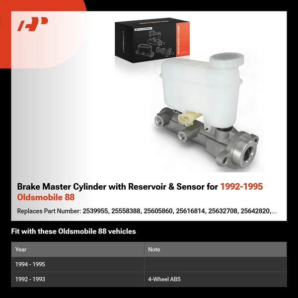 Brake Master Cylinder with Reservoir & Sensor for 1992-1995 Oldsmobile 88