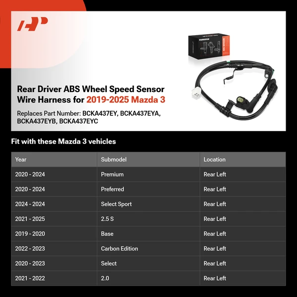 Rear Driver ABS Wheel Speed Sensor Wire Harness for 2019-2025 Mazda 3