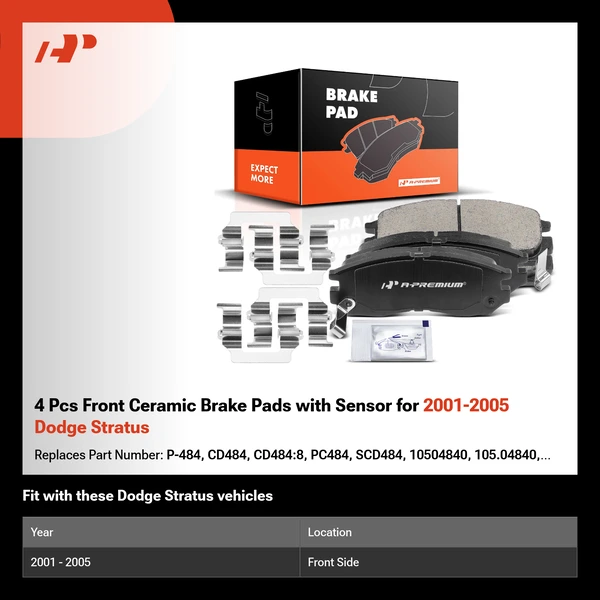 4 Pcs Front Ceramic Brake Pads with Sensor for 2001-2005 Dodge Stratus