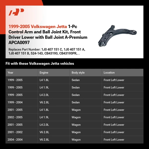 1999-2005 Volkswagen Jetta 1-Pc Control Arm and Ball Joint Kit, Front Driver Lower with Ball Joint A-Premium APCA0097