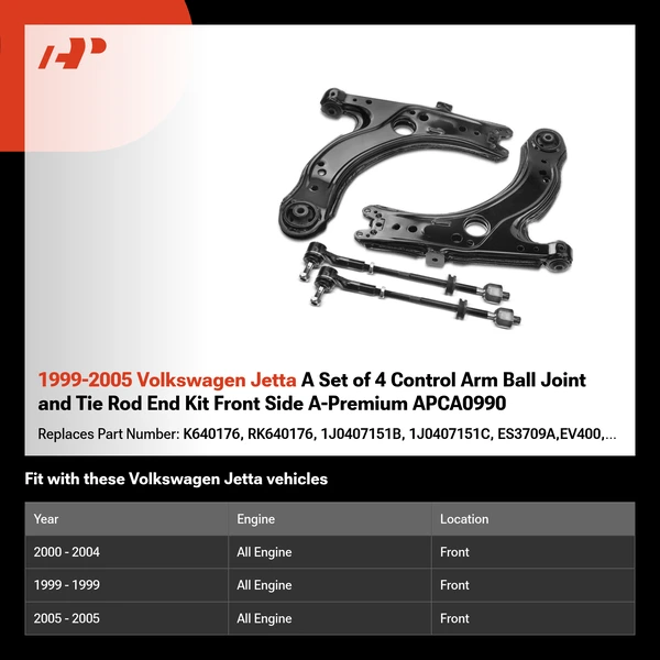 1999-2005 Volkswagen Jetta A Set of 4 Control Arm Ball Joint and Tie Rod End Kit Front Side A-Premium APCA0990