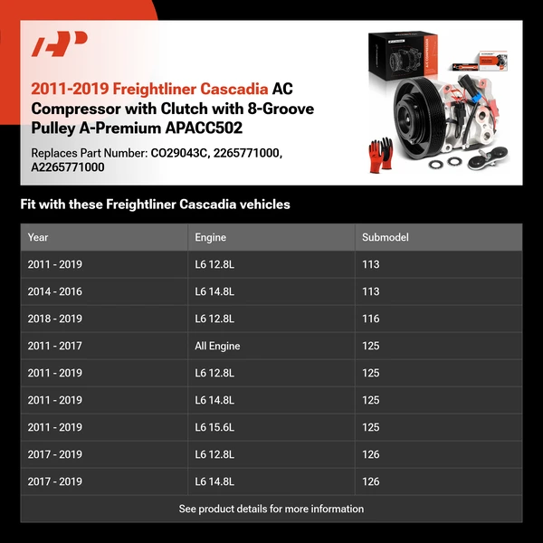 2011-2019 Freightliner Cascadia AC Compressor with Clutch with 8-Groove Pulley A-Premium APACC502