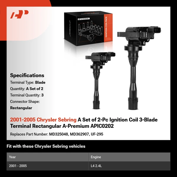 2001-2005 Chrysler Sebring A Set of 2-Pc Ignition Coil 3-Blade Terminal Rectangular A-Premium APIC0202