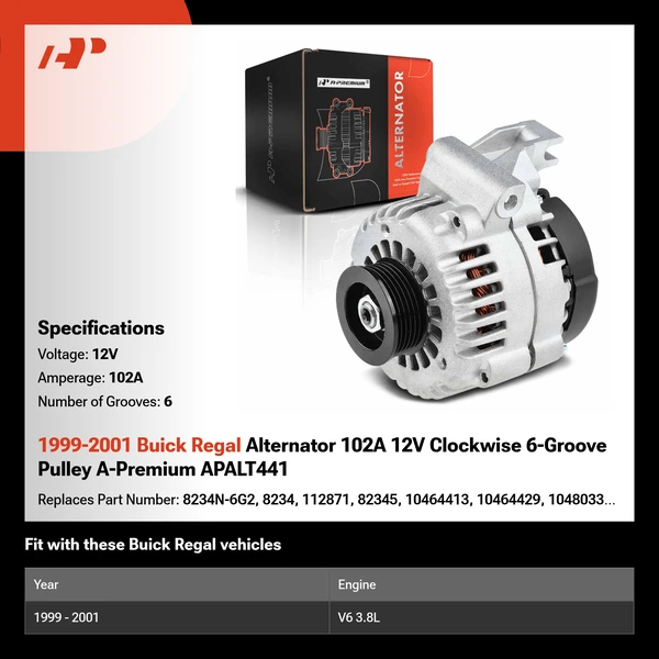 1999-2001 Buick Regal Alternator 102A 12V Clockwise 6-Groove Pulley A-Premium APALT441