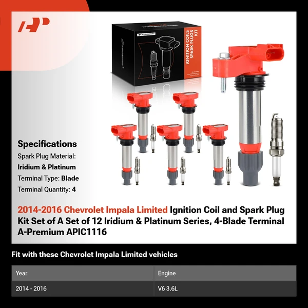 2014-2016 Chevrolet Impala Limited Ignition Coil and Spark Plug Kit Set of A Set of 12 Iridium & Platinum Series, 4-Blade Terminal A-Premium APIC1116