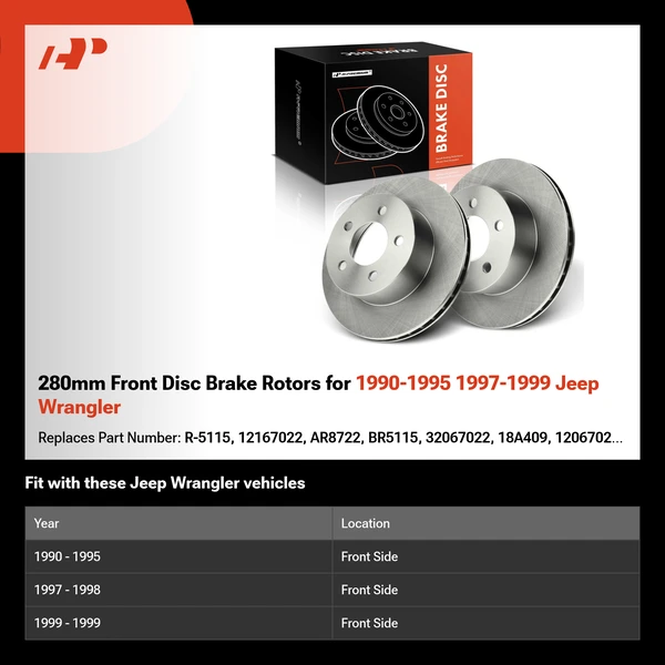 280mm Front Disc Brake Rotors for 1990-1995 1997-1999 Jeep Wrangler