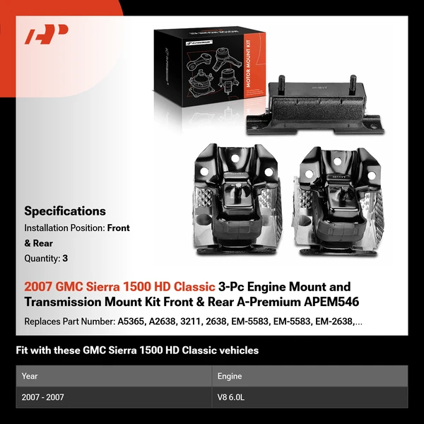 2007 GMC Sierra 1500 HD Classic 3-Pc Engine Mount and Transmission Mount Kit Front & Rear A-Premium APEM546