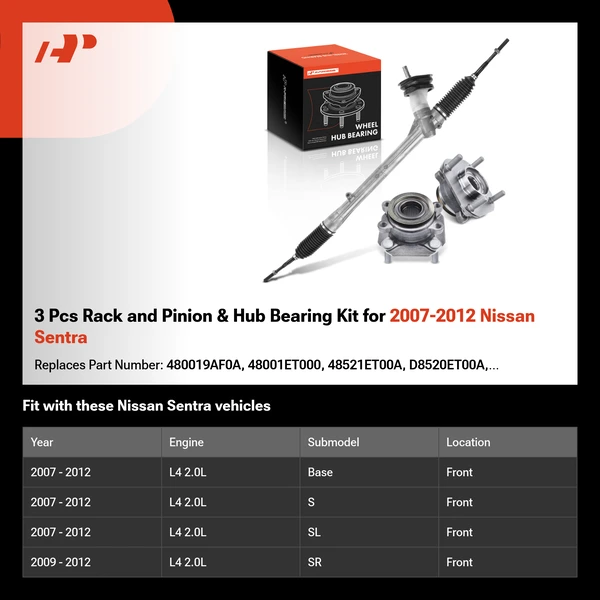 3 Pcs Rack and Pinion & Hub Bearing Kit for 2007-2012 Nissan Sentra