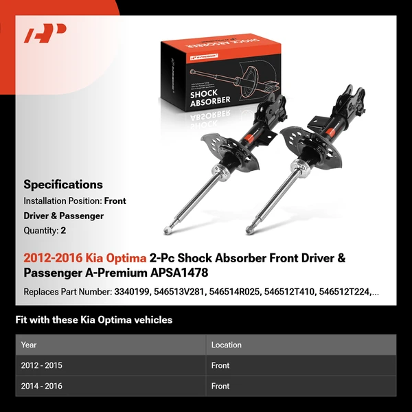 2012-2016 Kia Optima 2-Pc Shock Absorber Front Driver & Passenger A-Premium APSA1478