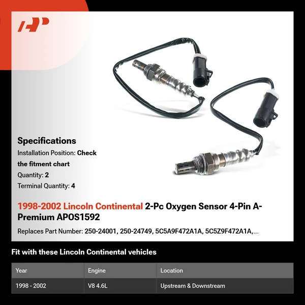 1998-2002 Lincoln Continental 2-Pc Oxygen Sensor 4-Pin A-Premium APOS1592