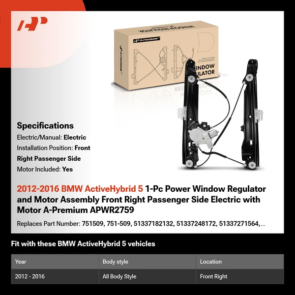 2012-2016 BMW ActiveHybrid 5 1-Pc Power Window Regulator and Motor Assembly Front Right Passenger Side Electric with Motor A-Premium APWR2759