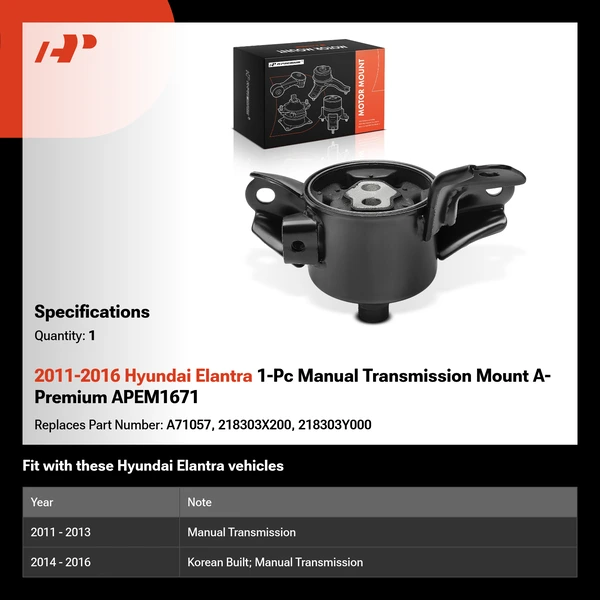 2011-2016 Hyundai Elantra 1-Pc Manual Transmission Mount A-Premium APEM1671