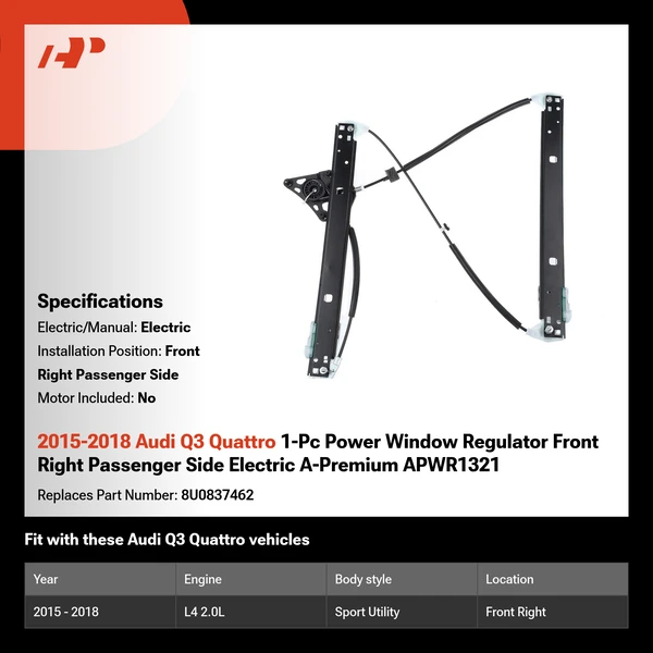 2015-2018 Audi Q3 Quattro 1-Pc Power Window Regulator Front Right Passenger Side Electric A-Premium APWR1321