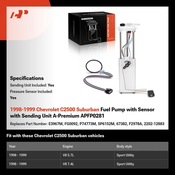 1998-1999 Chevrolet C2500 Suburban Fuel Pump with Sensor with Sending Unit A-Premium APFP0281