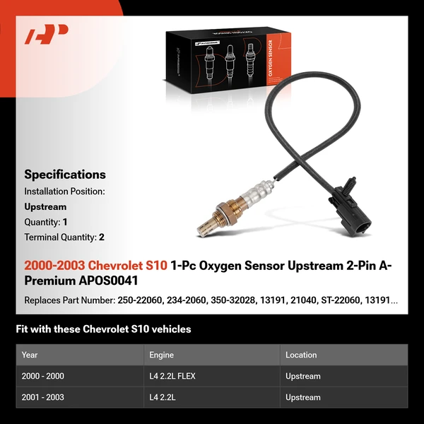 2000-2003 Chevrolet S10 1-Pc Oxygen Sensor Upstream 2-Pin A-Premium APOS0041