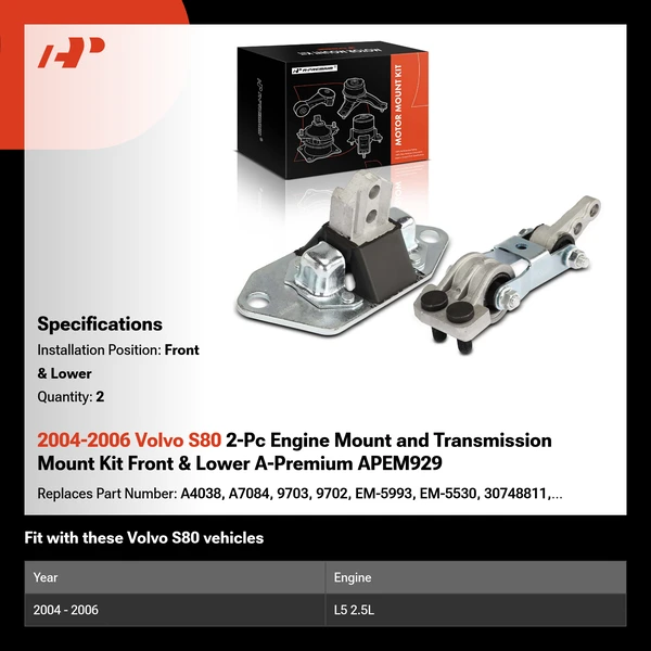 2004-2006 Volvo S80 2-Pc Engine Mount and Transmission Mount Kit Front & Lower A-Premium APEM929
