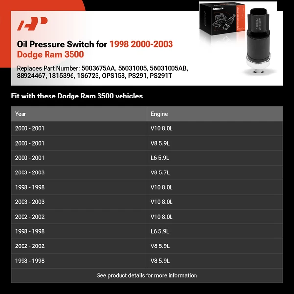 Oil Pressure Switch for 1998 2000-2003 Dodge Ram 3500