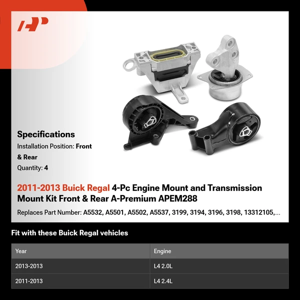 2011-2013 Buick Regal 4-Pc Engine Mount and Transmission Mount Kit Front & Rear A-Premium APEM288