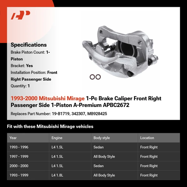 1993-2000 Mitsubishi Mirage 1-Pc Brake Caliper Front Right Passenger Side 1-Piston A-Premium APBC2672