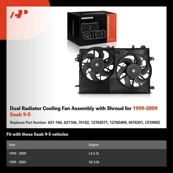 Dual Radiator Cooling Fan Assembly with Shroud for 1999-2009 Saab 9-5