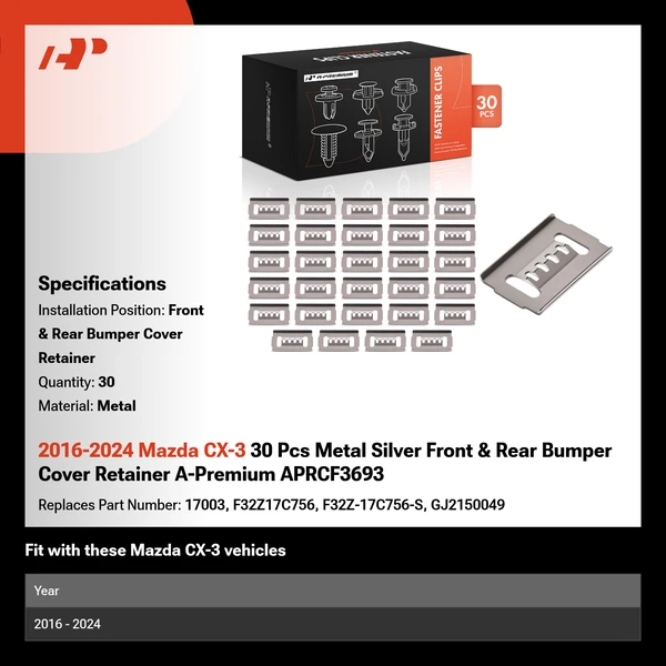 2016-2024 Mazda CX-3 30 Pcs Metal Silver Front & Rear Bumper Cover Retainer A-Premium APRCF3693