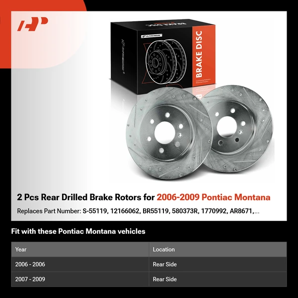2 Pcs Rear Drilled Brake Rotors for 2006-2009 Pontiac Montana