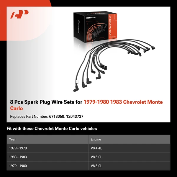 8 Pcs Spark Plug Wire Sets for 1979-1980 1983 Chevrolet Monte Carlo