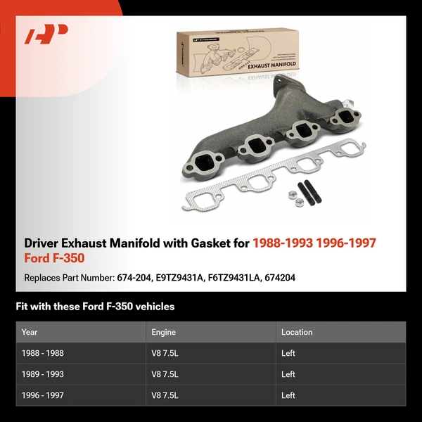 Driver Exhaust Manifold with Gasket for 1988-1993 1996-1997 Ford F-350