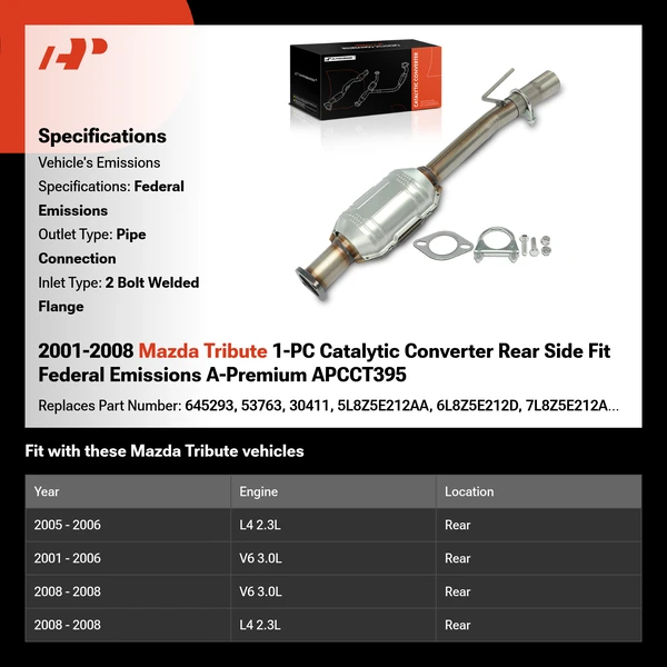 2001-2008 Mazda Tribute 1-PC Catalytic Converter Rear Side Fit Federal Emissions A-Premium APCCT395