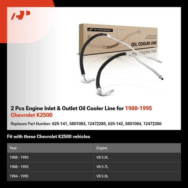 2 Pcs Engine Inlet & Outlet Oil Cooler Line for 1988-1995 Chevrolet K2500