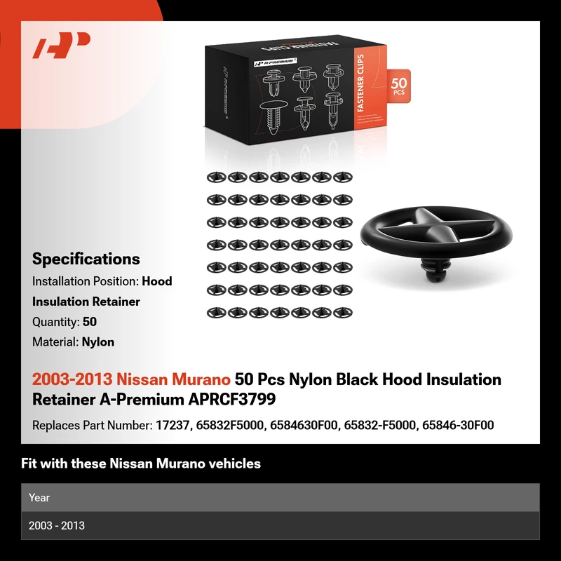 2003-2013 Nissan Murano 50 Pcs Nylon Black Hood Insulation Retainer A-Premium APRCF3799
