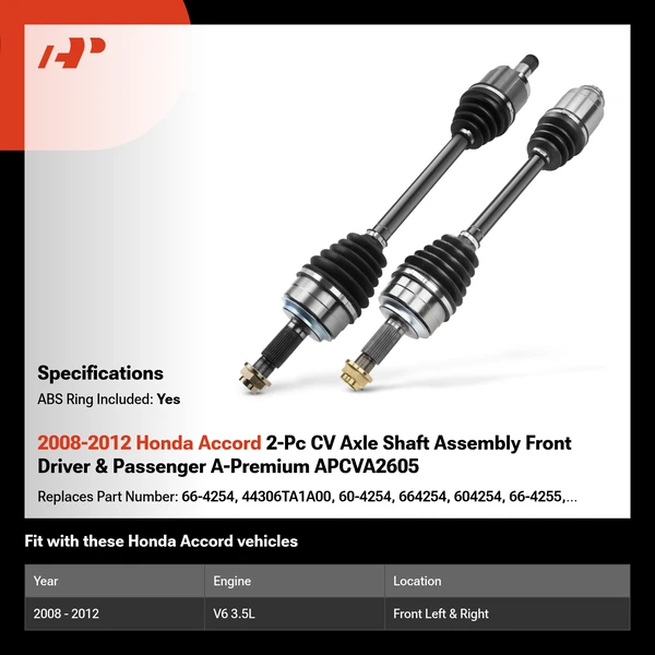 2008-2012 Honda Accord 2-Pc CV Axle Shaft Assembly Front Driver & Passenger A-Premium APCVA2605