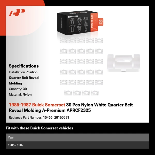 1986-1987 Buick Somerset 30 Pcs Nylon White Quarter Belt Reveal Molding A-Premium APRCF2325
