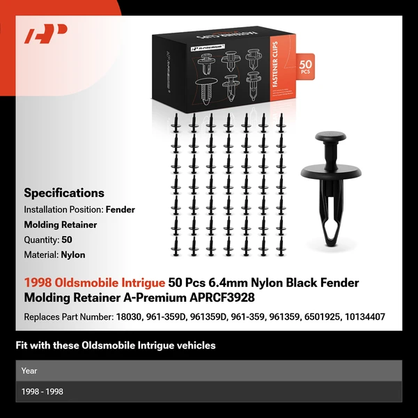 1998 Oldsmobile Intrigue 50 Pcs 6.4mm Nylon Black Fender Molding Retainer A-Premium APRCF3928