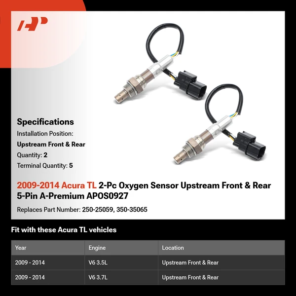 2009-2014 Acura TL 2-Pc Oxygen Sensor Upstream Front & Rear 5-Pin A-Premium APOS0927