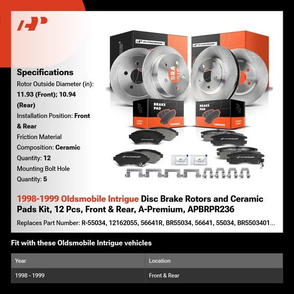 1998-1999 Oldsmobile Intrigue Disc Brake Rotors and Ceramic Pads Kit, 12 Pcs, Front & Rear, A-Premium, APBRPR236