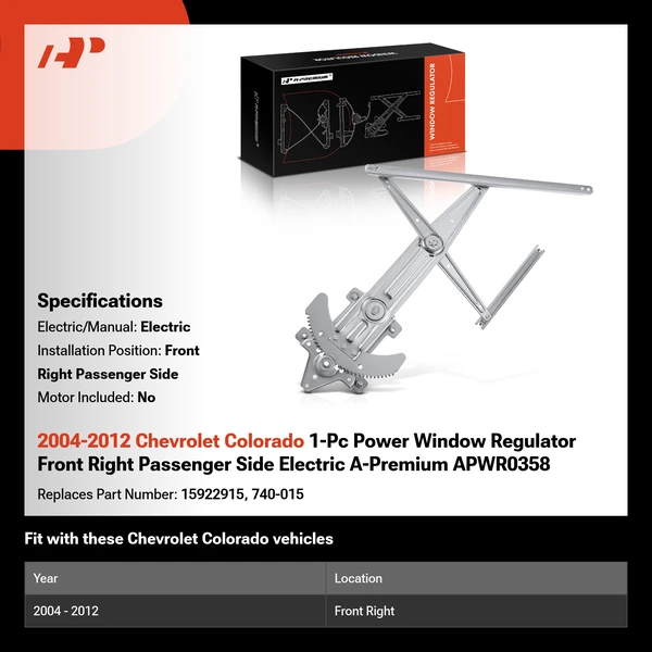 2004-2012 Chevrolet Colorado 1-Pc Power Window Regulator Front Right Passenger Side Electric A-Premium APWR0358