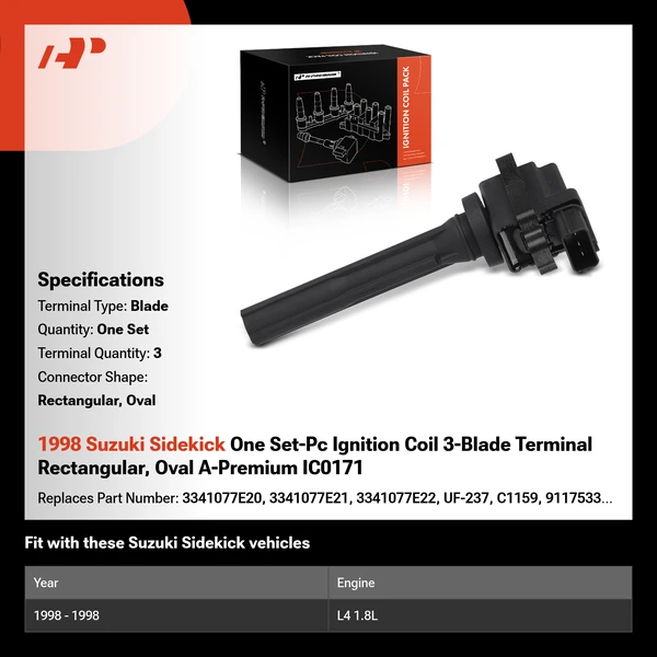 1998 Suzuki Sidekick One Set-Pc Ignition Coil 3-Blade Terminal Rectangular, Oval A-Premium IC0171
