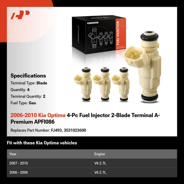 2006-2010 Kia Optima 4-Pc Fuel Injector 2-Blade Terminal A-Premium APFI086