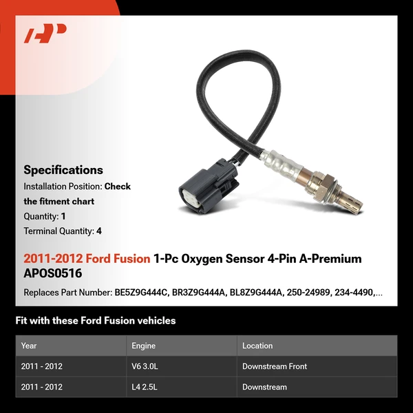 2011-2012 Ford Fusion 1-Pc Oxygen Sensor 4-Pin A-Premium APOS0516