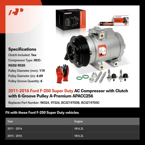 2011-2016 Ford F-250 Super Duty AC Compressor with Clutch with 6-Groove Pulley A-Premium APACC256