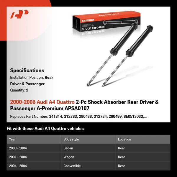 2000-2006 Audi A4 Quattro 2-Pc Shock Absorber Rear Driver & Passenger A-Premium APSA0107