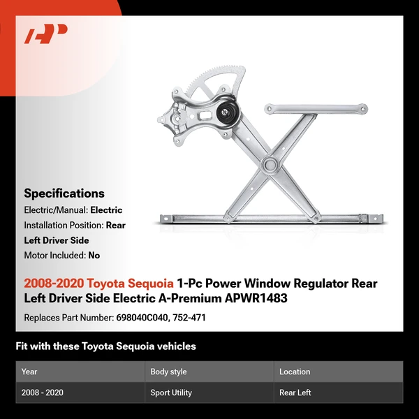 2008-2020 Toyota Sequoia 1-Pc Power Window Regulator Rear Left Driver Side Electric A-Premium APWR1483