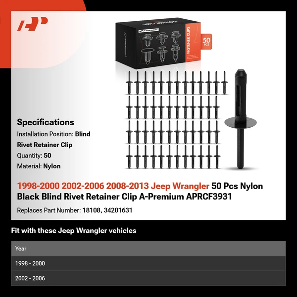 1998-2000 2002-2006 2008-2013 Jeep Wrangler 50 Pcs Nylon Black Blind Rivet Retainer Clip A-Premium APRCF3931