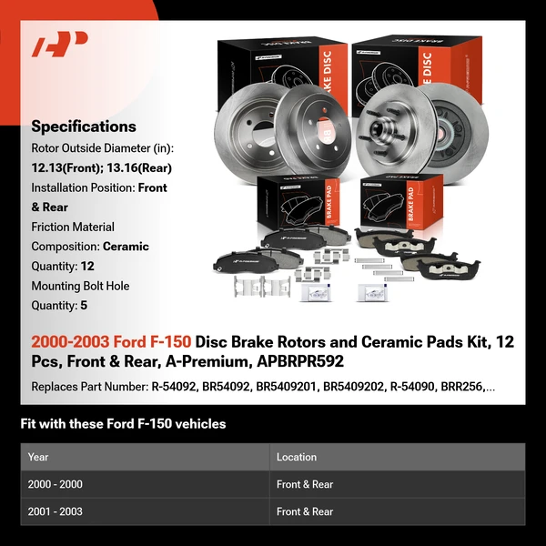 2000-2003 Ford F-150 Disc Brake Rotors and Ceramic Pads Kit, 12 Pcs, Front & Rear, A-Premium, APBRPR592